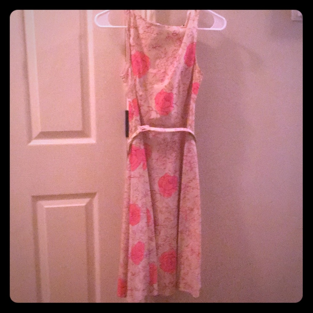 Rose print dress - beige, pink, and red